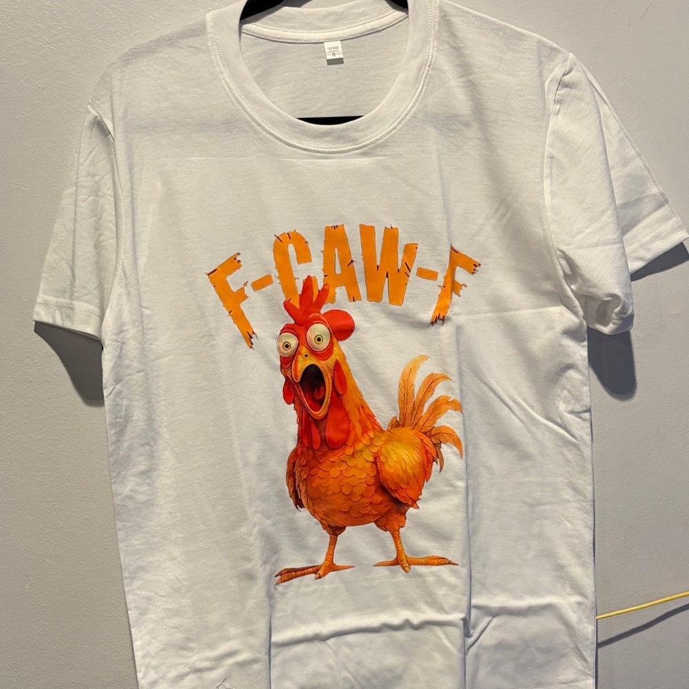 White T-Shirt with Orange Rooster Graphic